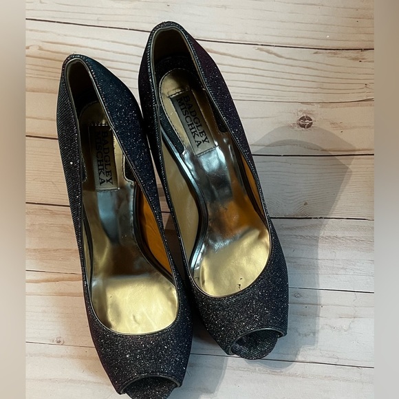 ❣️Badgley Mischka Humbie IV Purple Shimmer Sparkle Peep Toe Sz 9 High Heels - Picture 2 of 10